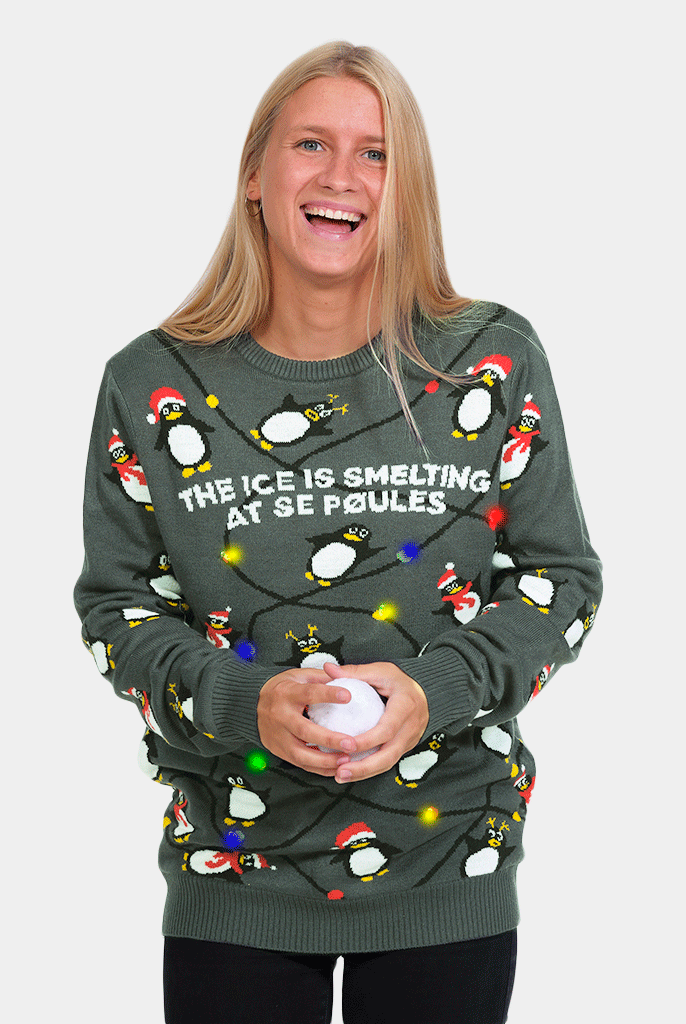 Camisola de Natal para Casal com Luzes LED com Pinguins mulher