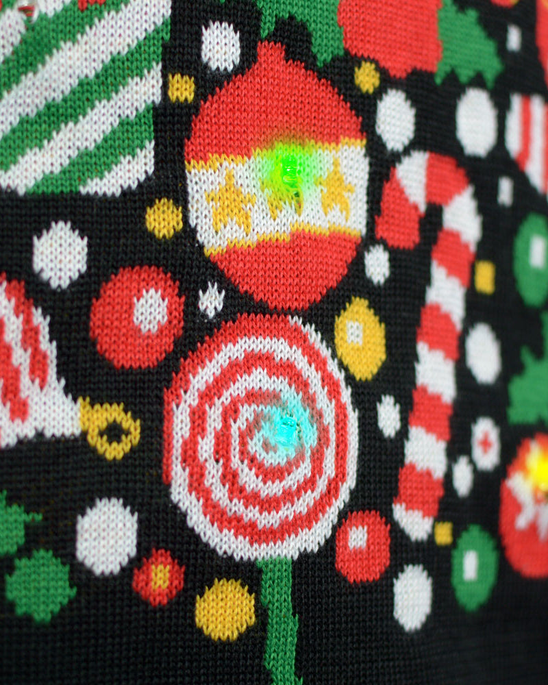 Camisola de Natal para Casal com Luzes LED Preta Árvore de Natal detalhe