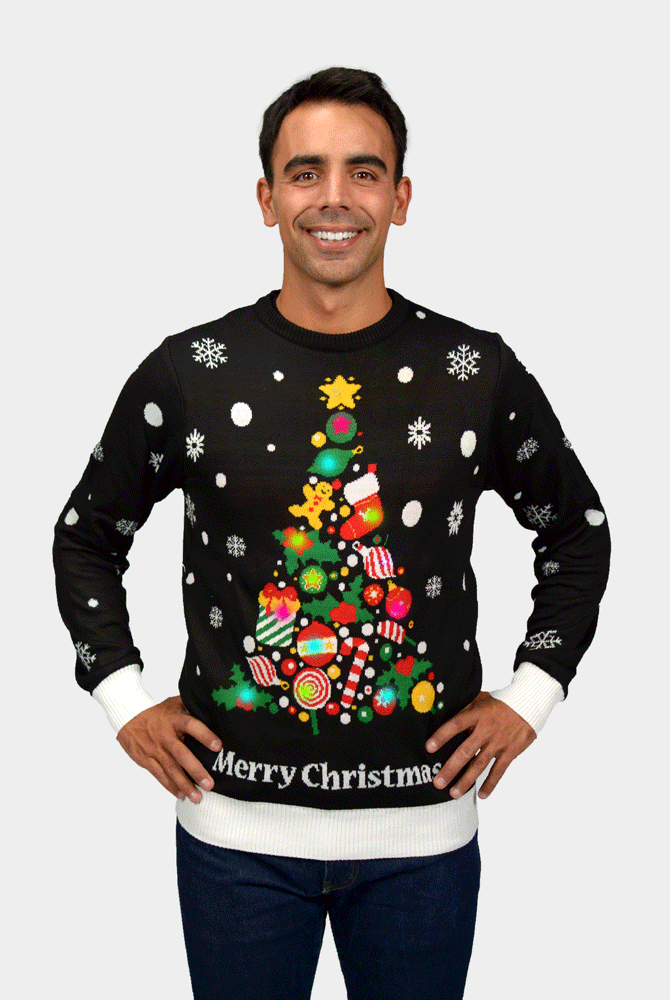 Camisola de Natal Homem Casal com Luzes LED Preta Árvore de Natal