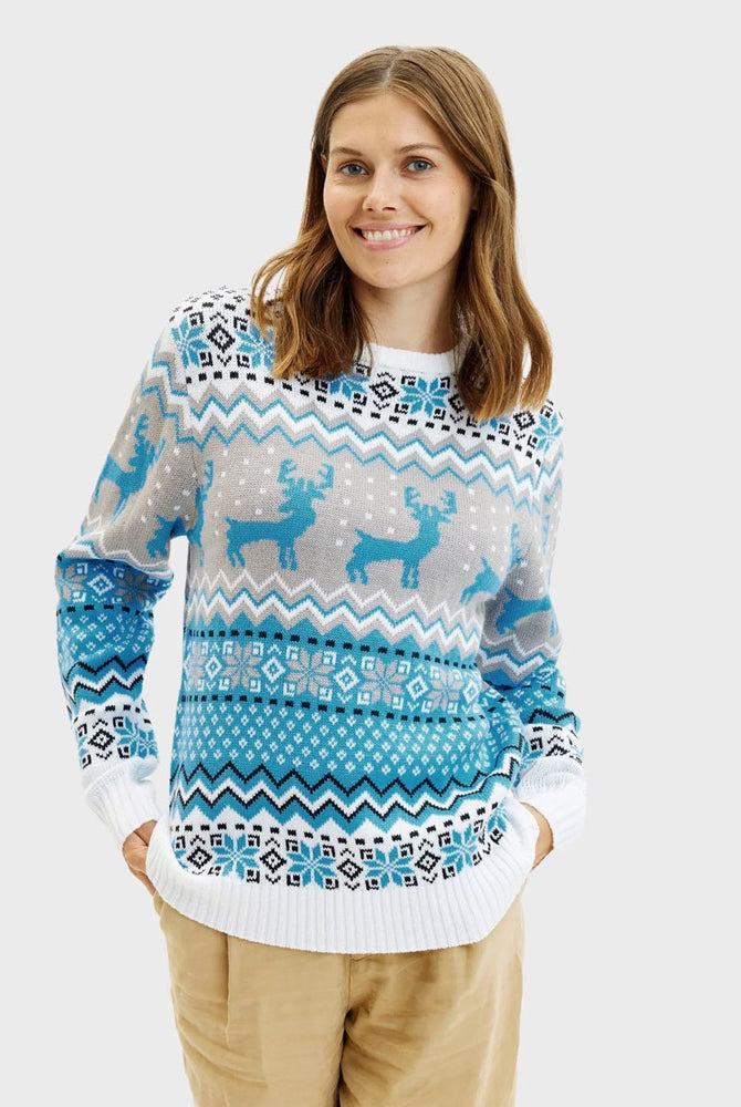 Camisola de Natal Mulher Casal Elegante Branca, Cinza e Azul com Renas