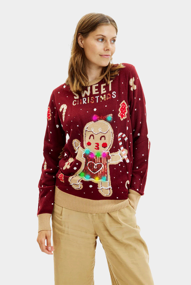 Camisola de Natal para Casal Vermelha Mulher Luzes LED Ginger Cookie