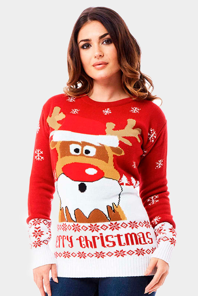 Camisola de Natal para Casal Vermelha com Rena Rudolph mulher