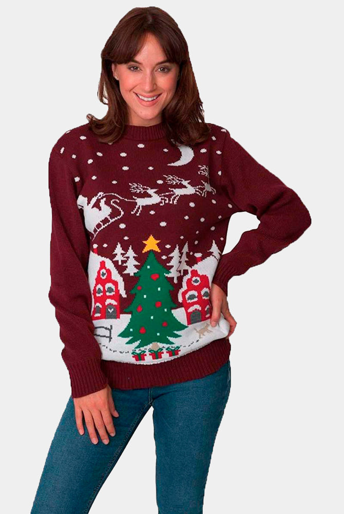 Camisola de Natal para Casal Pai Natal en Trenó e Árvore de Natal mulher