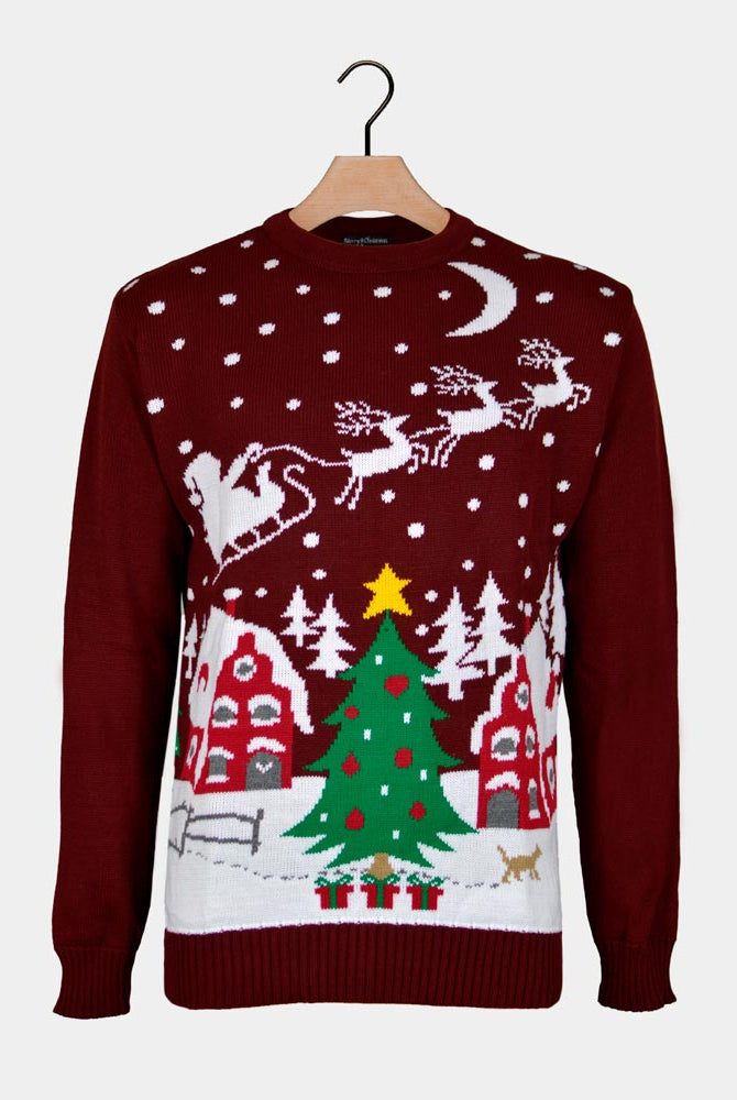 Camisola de Natal para Casal Pai Natal en Trenó e Árvore de Natal