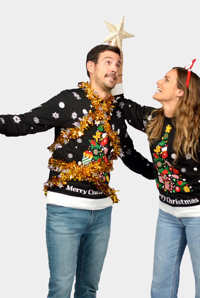 Camisola de Natal para Casal Preta com Árvore de Natal
