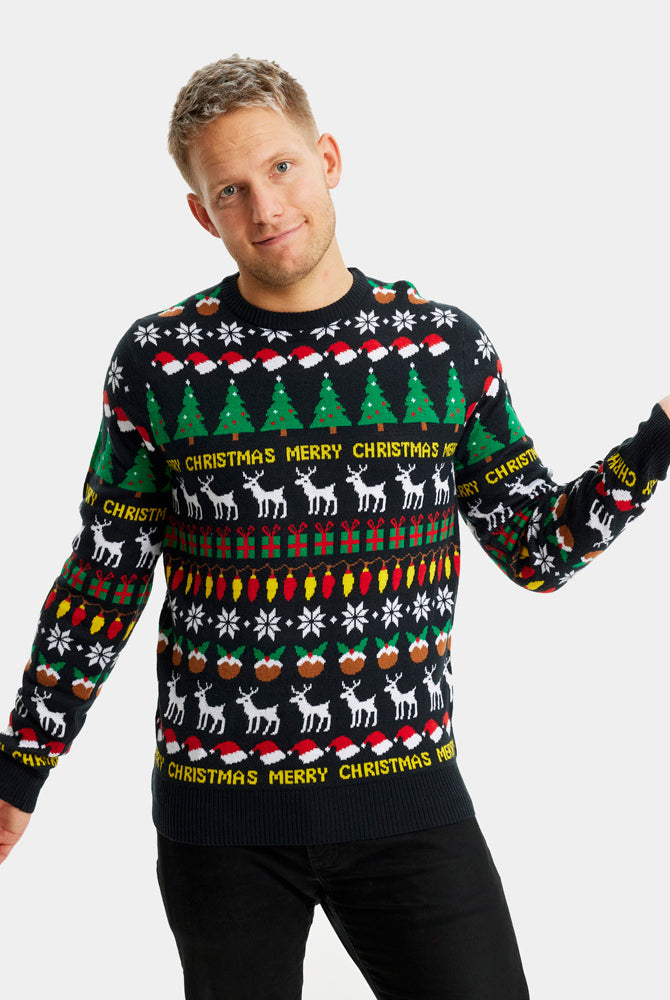 Camisola de Natal para Casal Preta com Árvores, Renas e Presentes homem