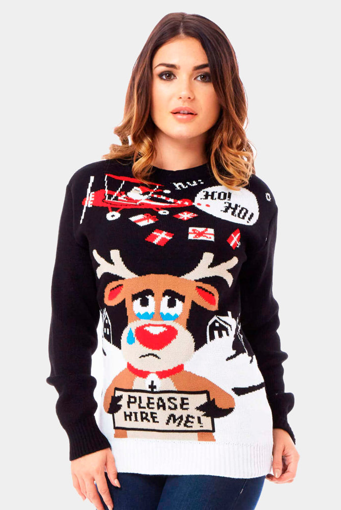 Camisola de Natal para Casal Preta Pai Natal e Rena à Procura de Trabalho mulher