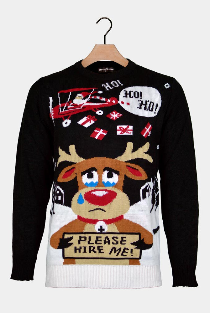 Camisola de Natal para Casal Preta Pai Natal e Rena à Procura de Trabalho