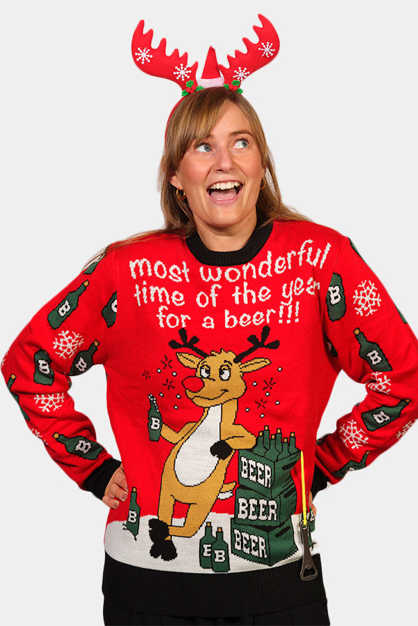 Camisola de Natal para Casal Rena com Abridor de Cerveja mulher