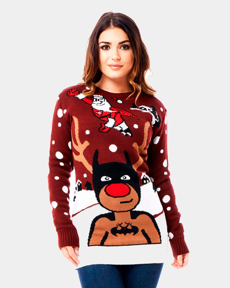 Camisola de Natal para Casal Rena Batman Pai Natal Superman mulher
