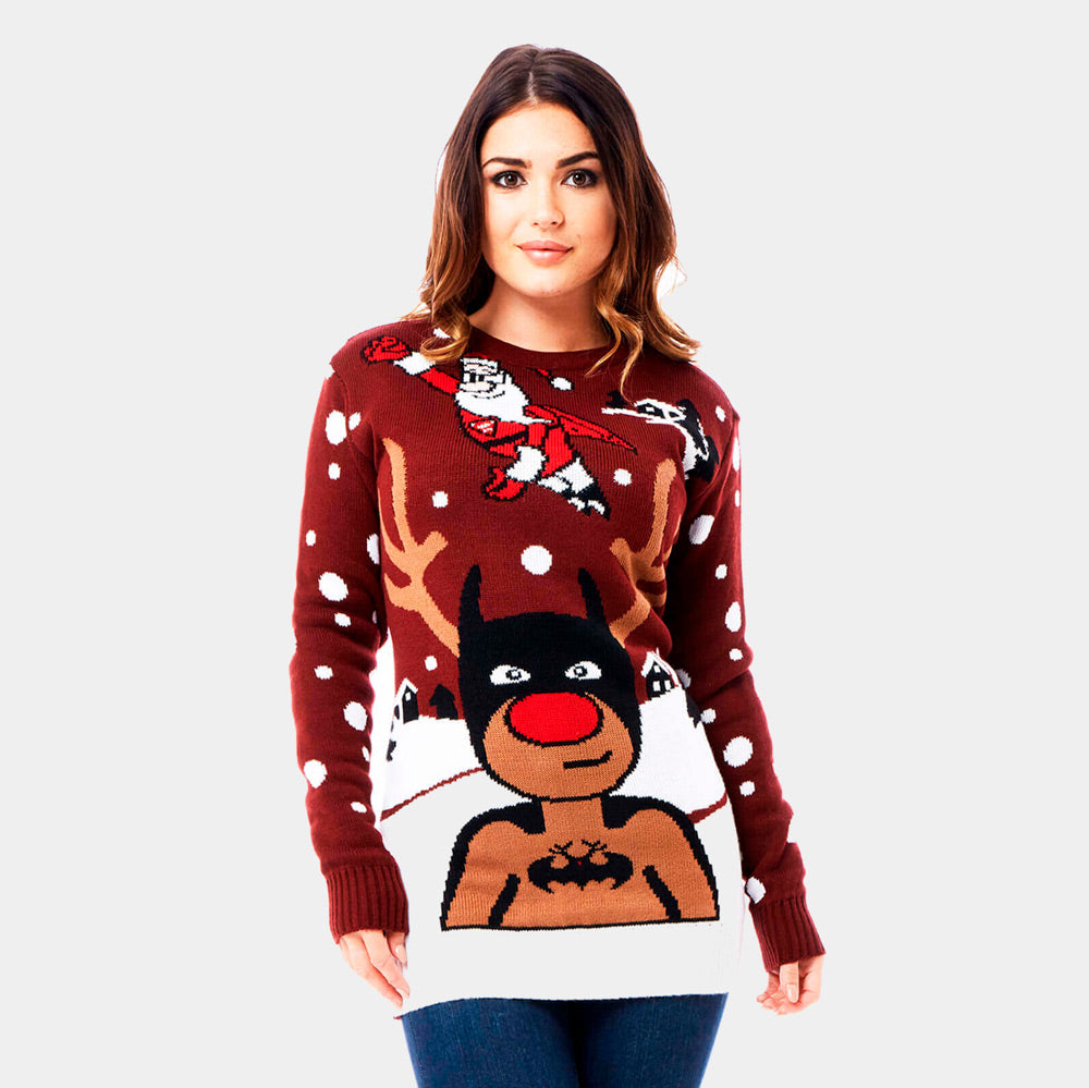 Camisola de Natal para Casal Rena Batman Pai Natal Superman mulher