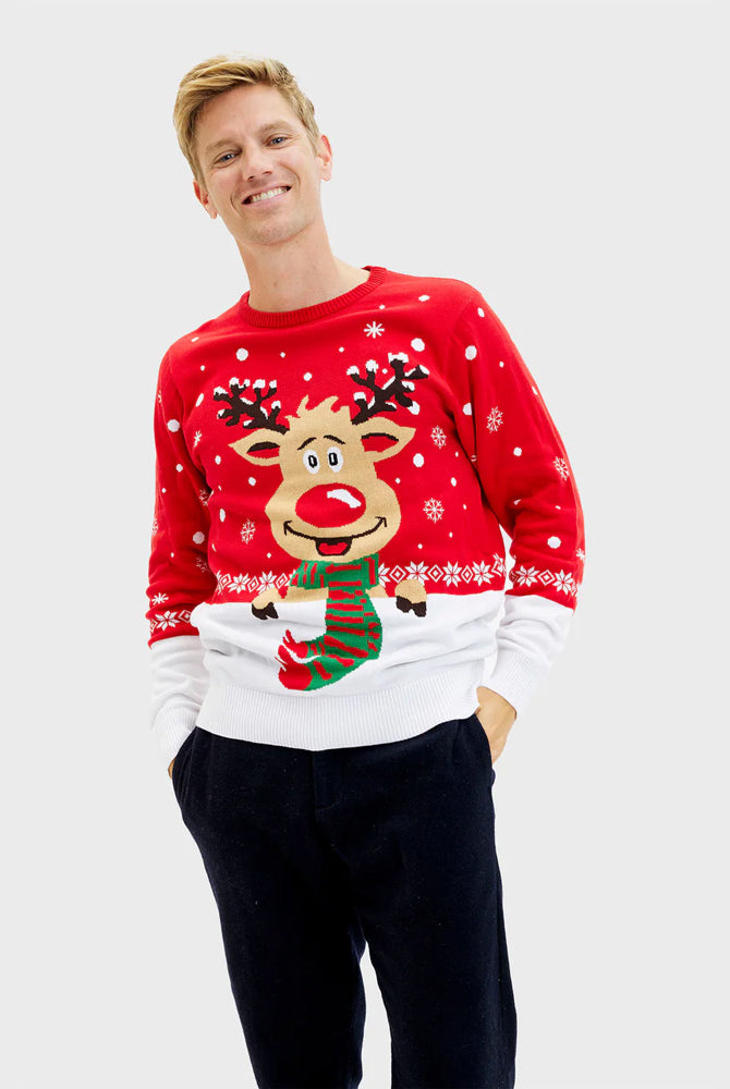 homem Camisola de Natal para Casal Rena com Cachecol Algodão Orgânico