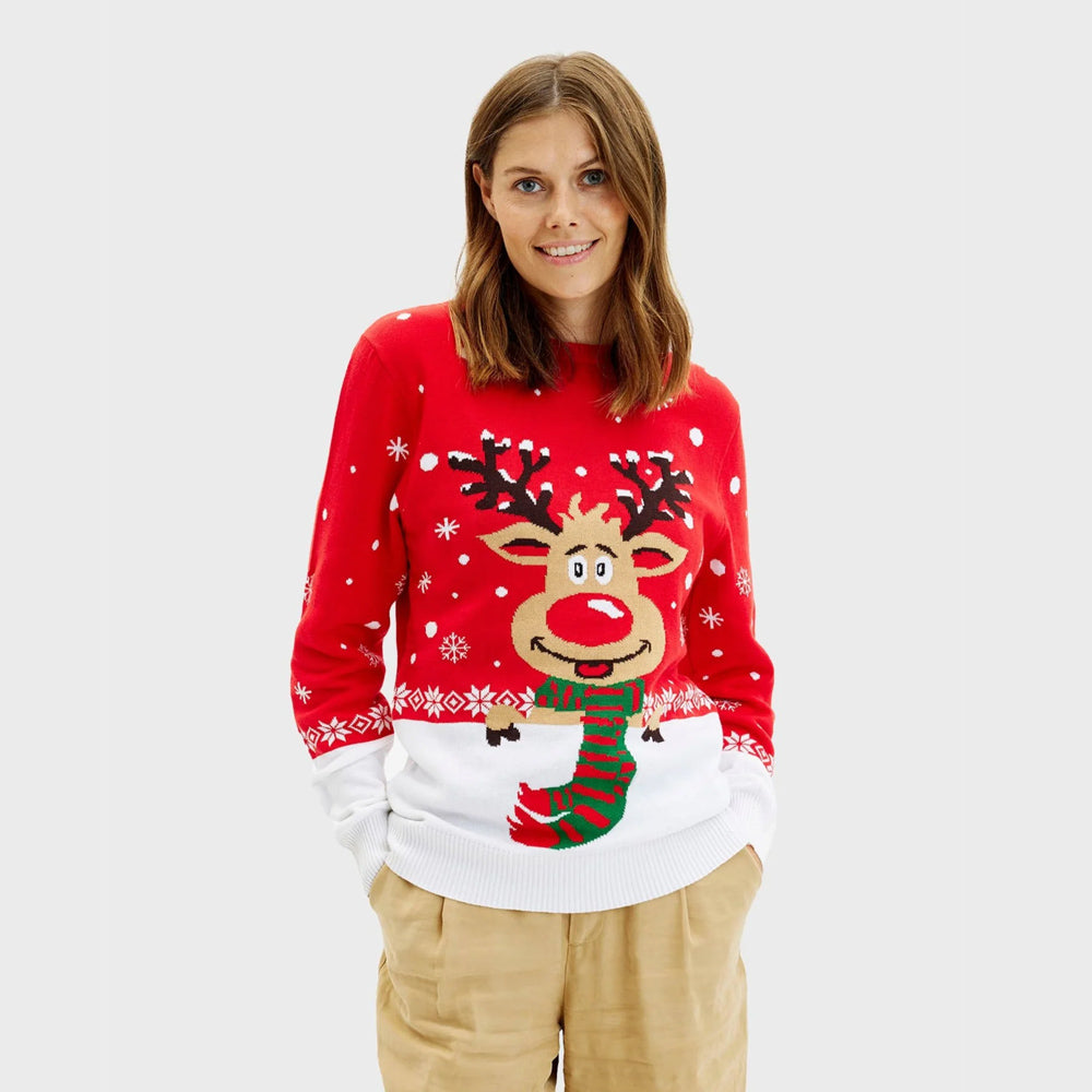 Camisola de Natal para Casal Rena com Cachecol Algodão Orgânico mulher