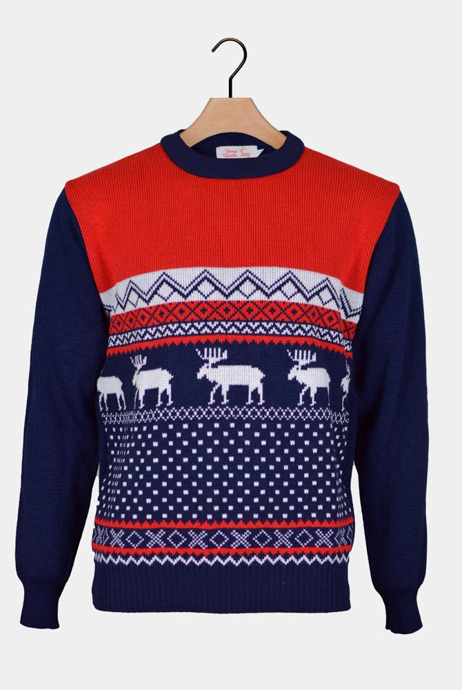 Camisola de Natal para Casal com Rena Vermelha e Azul