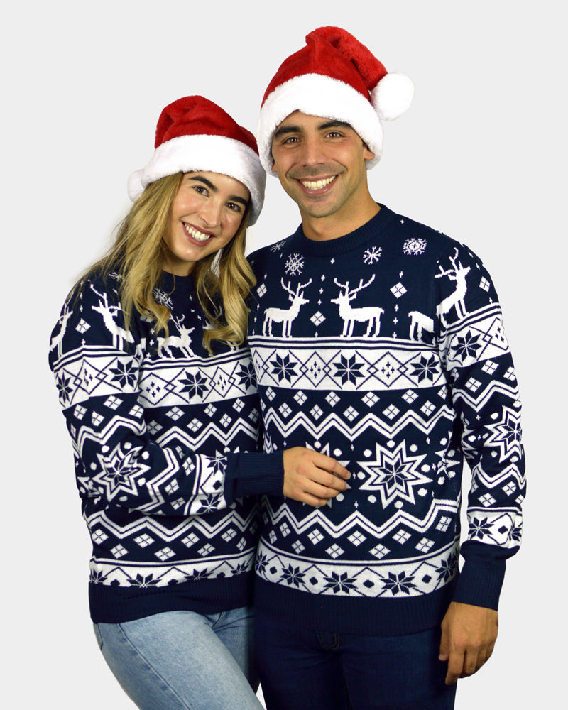 Camisola de Natal para Casal com Renas e Estrelas Azul Nordic