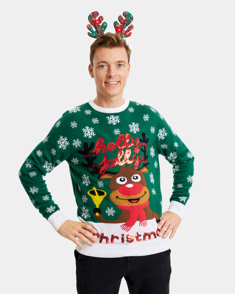 Camisola de Natal para Casal Verde Holly Jolly Lantejoulas homem