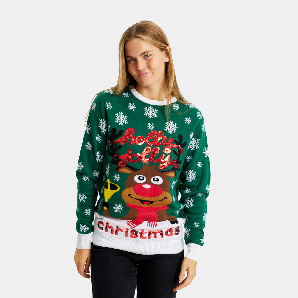 Camisola de Natal para Casal Verde Holly Jolly Lantejoulas mulher