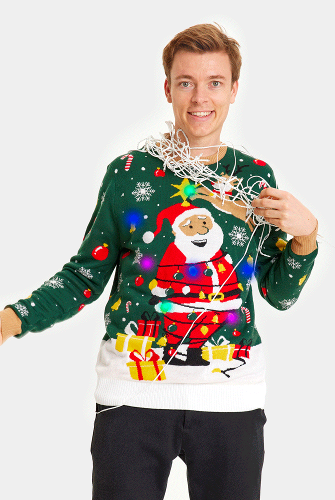 Camisola de Natal para Casal Verde com Luzes LED Pai Natal Preso homem