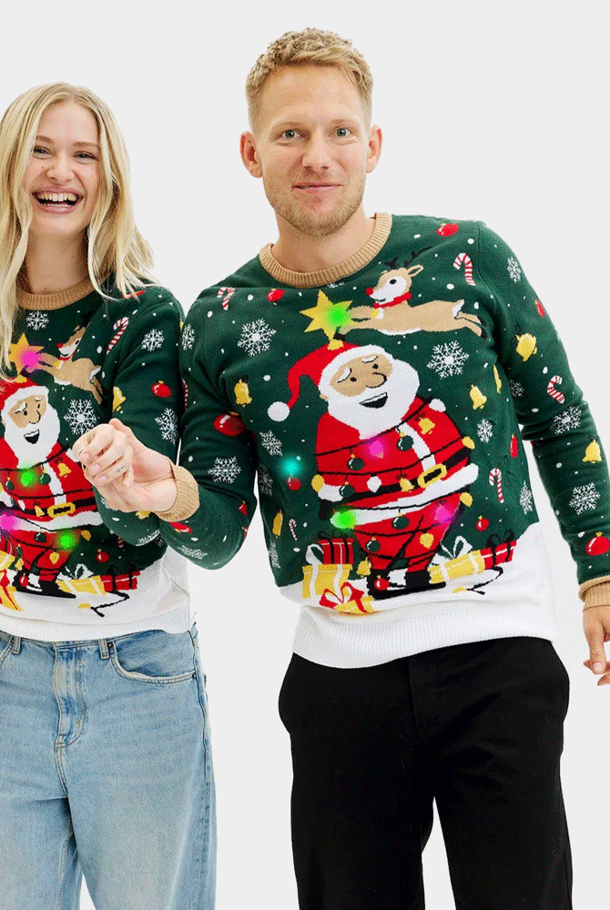 Camisola de Natal mulher e homem Verde com Luzes LED Pai Natal Preso