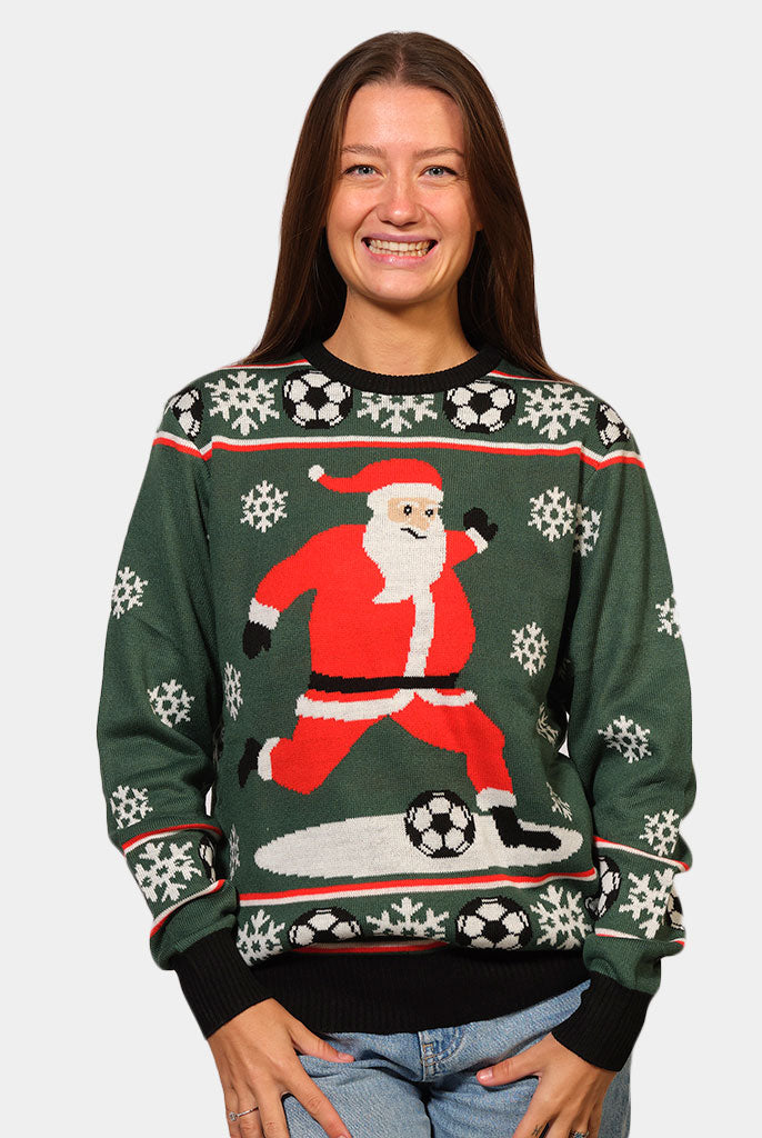 Camisola de Natal para Casal Verde Pai Natal jogando Futebol mulher