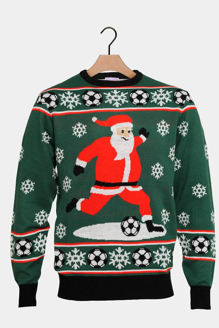 Camisola de Natal para Casal Verde Pai Natal jogando Futebol
