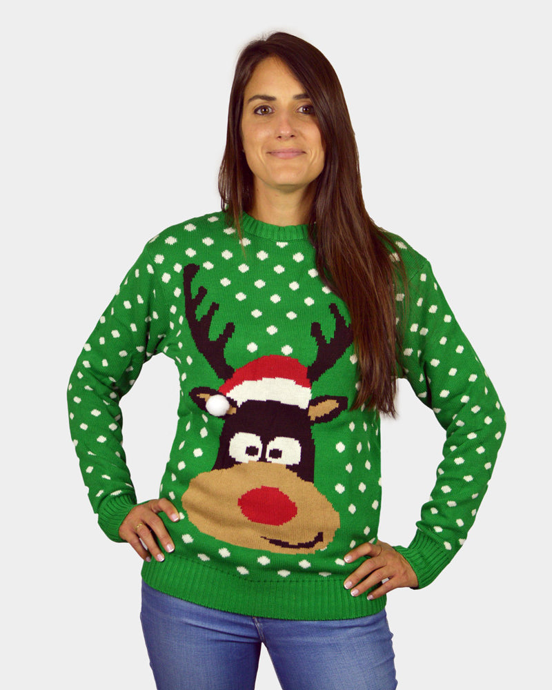 Camisola de Natal para Casal Verde Rena com Gorro 3D mulher