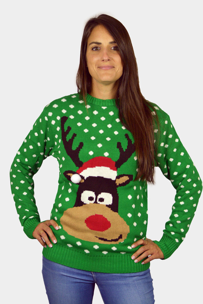 Camisola de Natal para Casal Verde Rena com Gorro 3D mulher