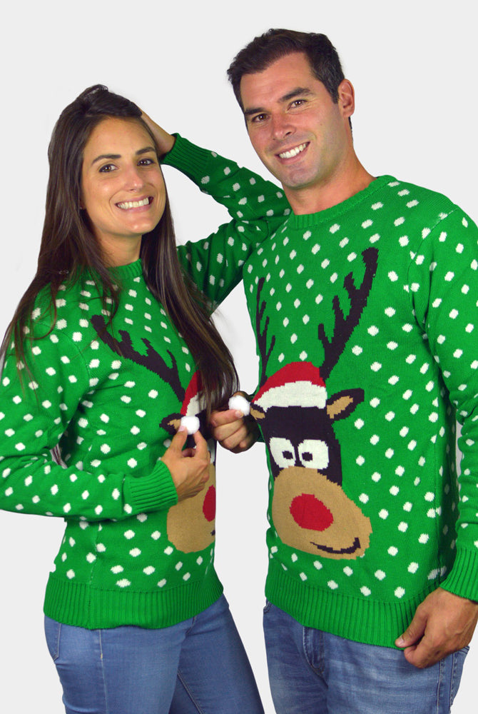 Camisola de Natal para Casal Verde Rena com Gorro 3D