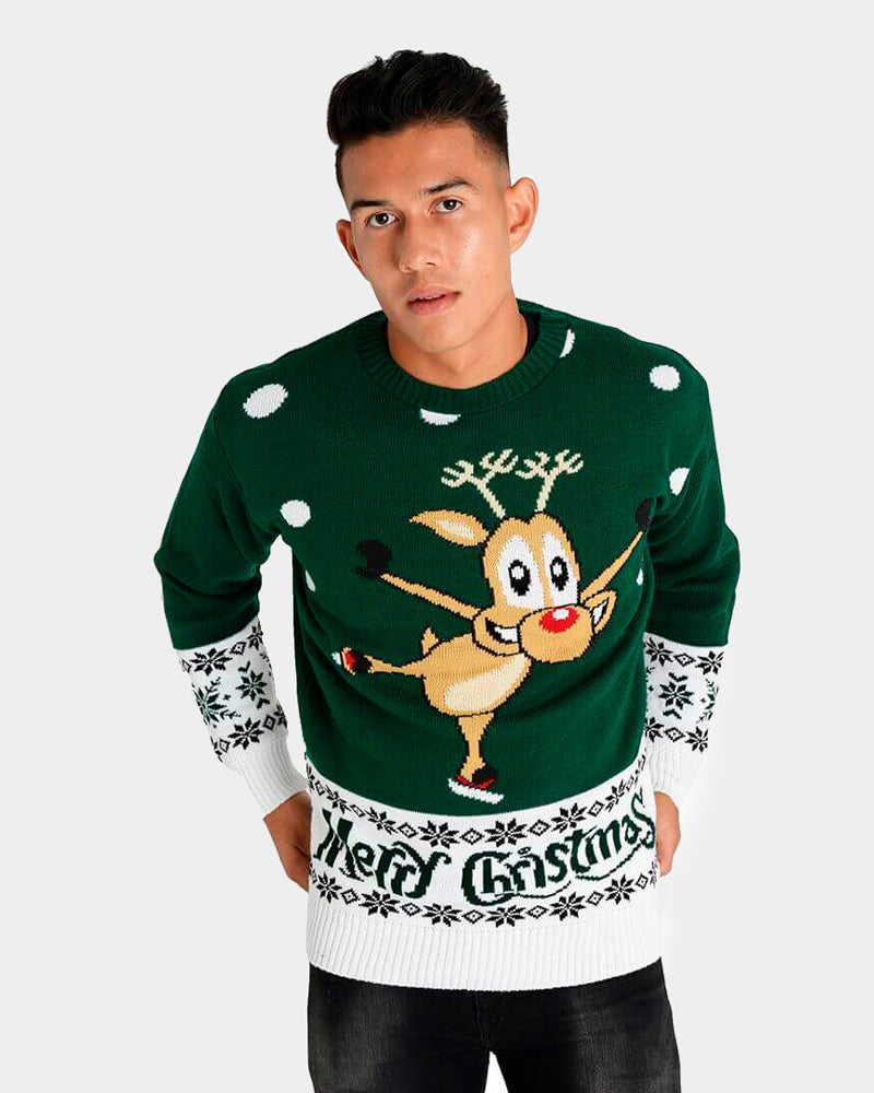 Camisola de Natal para Casal Verde com Rena Patinadora homem
