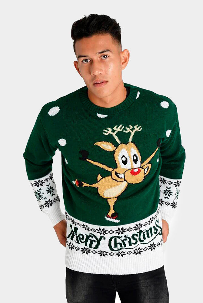 Camisola de Natal para Casal Verde com Rena Patinadora homem