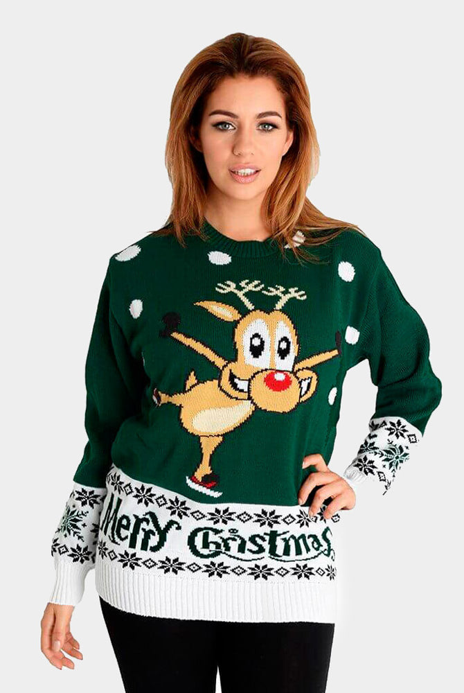 Camisola de Natal para Casal Verde com Rena Patinadora mulher