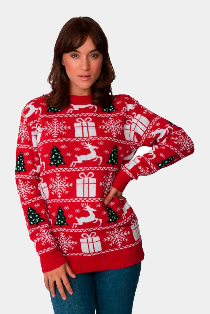 Camisola de Natal para Casal Vermelha com Árvores, Renas e Presentes de Natal mulher
