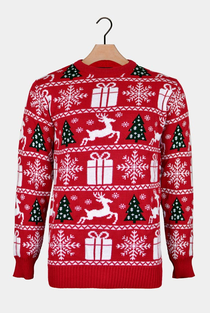 Camisola de Natal para Casal Vermelha com Árvores, Renas e Presentes de Natal