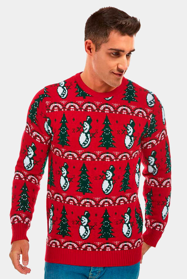 Camisola de Natal para Casal Vermelha com Bonecos e Árvores homem