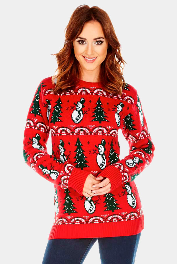 Camisola de Natal para Casal Vermelha com Bonecos e Árvores mulher