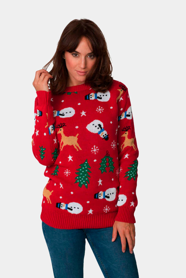 Camisola de Natal para Casal Vermelha com Bonecos, Renas e Árvores mulher