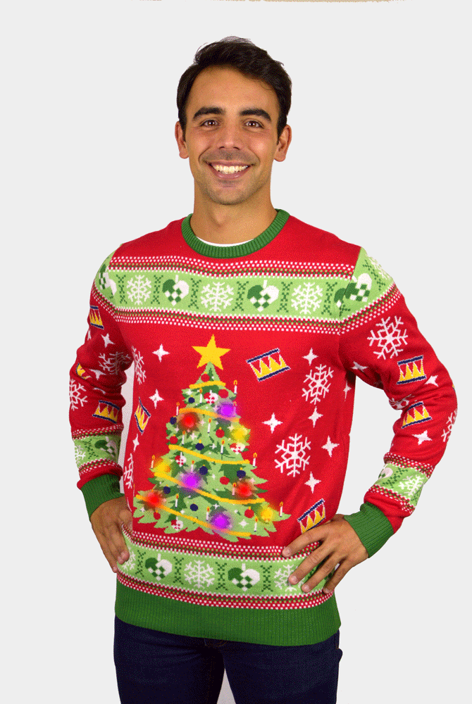 Camisola de Natal para Casal Vermelha com Luzes LED Árvore de Natal homem