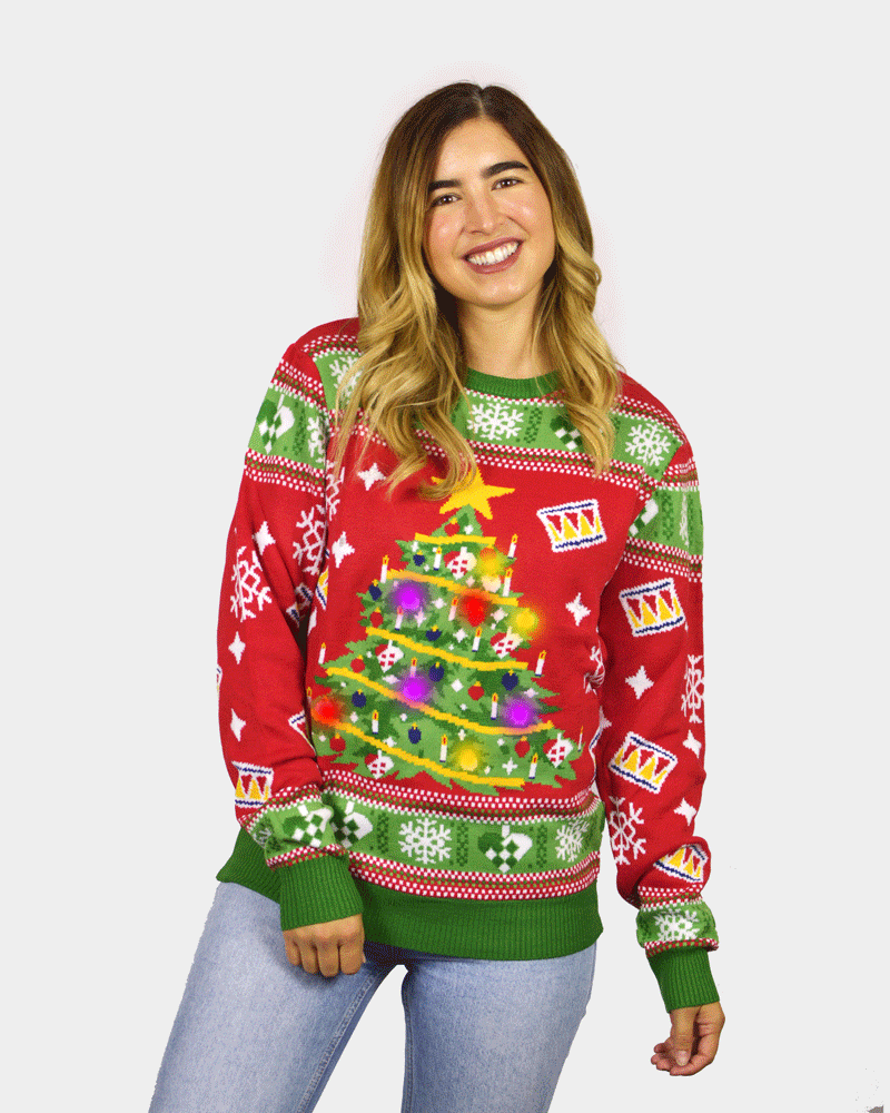 Camisola de Natal para Casal Vermelha com Luzes LED Árvore de Natal mulher