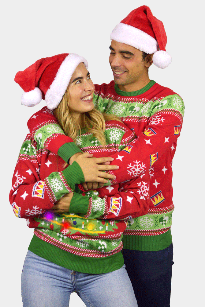 Camisola de Natal para Casal Vermelha com Luzes LED Árvore de Natal