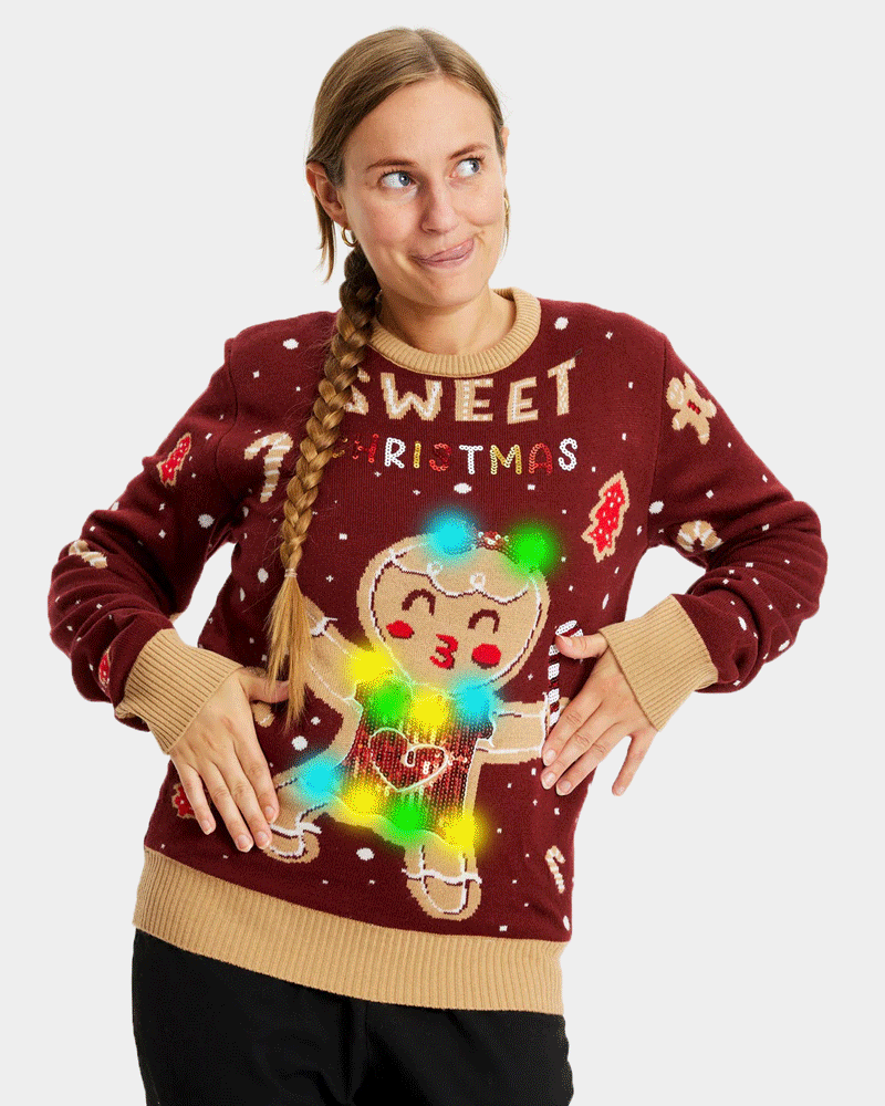 mulher Camisola de Natal para Casal Vermelha com Luzes LED Ginger Cookie