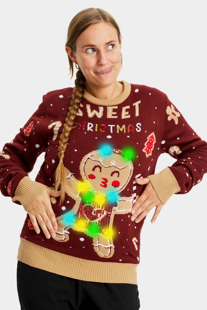 mulher Camisola de Natal para Casal Vermelha com Luzes LED Ginger Cookie