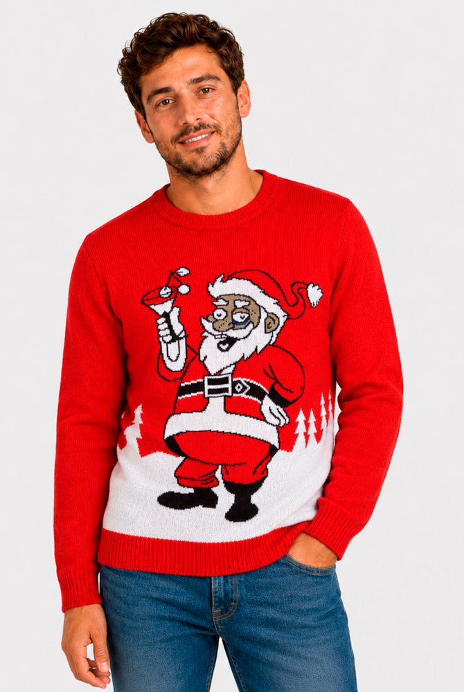 Camisola de Natal Vermelha Pai Natal com um Martini Homen