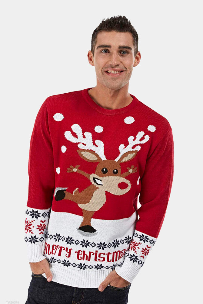 Camisola de Natal para Casal Vermelha com Rena Patinadora homem