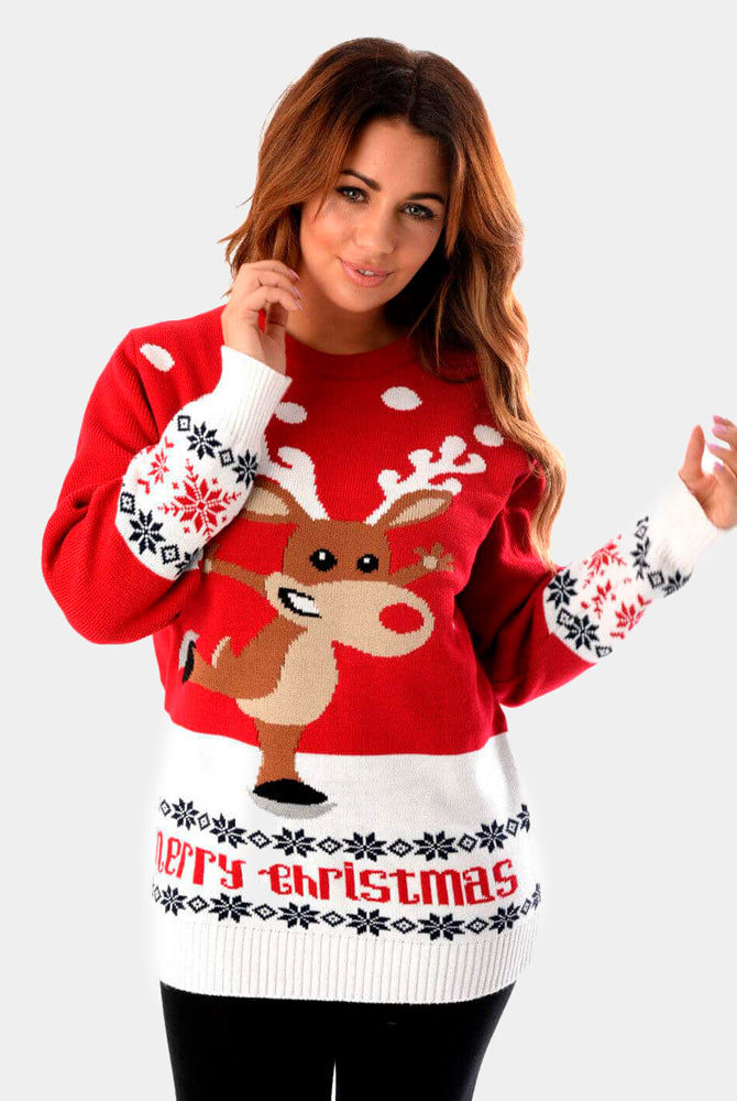 Camisola de Natal para Casal Vermelha com Rena Patinadora mulher