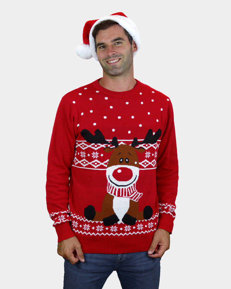 Camisola de Natal para Casal Vermelha Rena Rudolph Cachecol homem