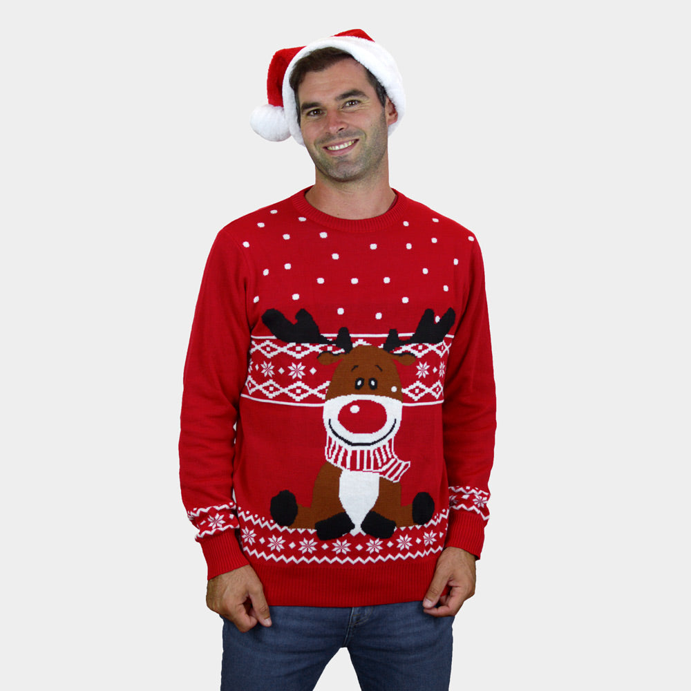 Camisola de Natal para Casal Vermelha Rena Rudolph Cachecol homem