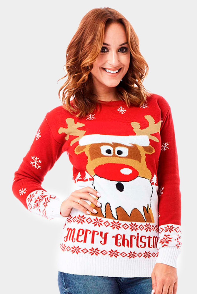 Mulher Camisola de Natal para Casal Vermelha com Rena Rudolph