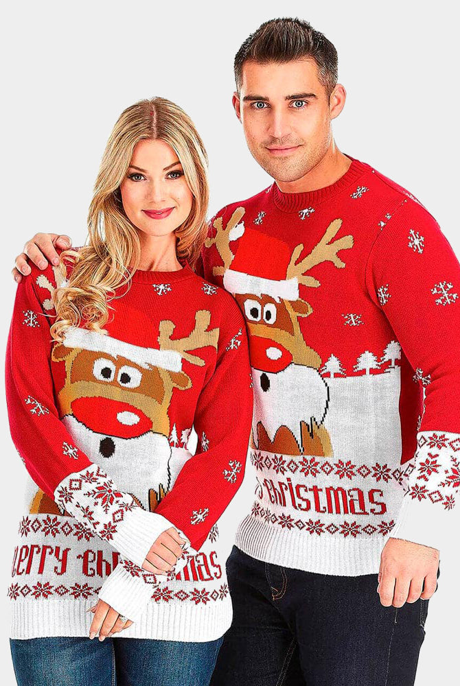 Camisola de Natal para Casal Vermelha com Rena Rudolph