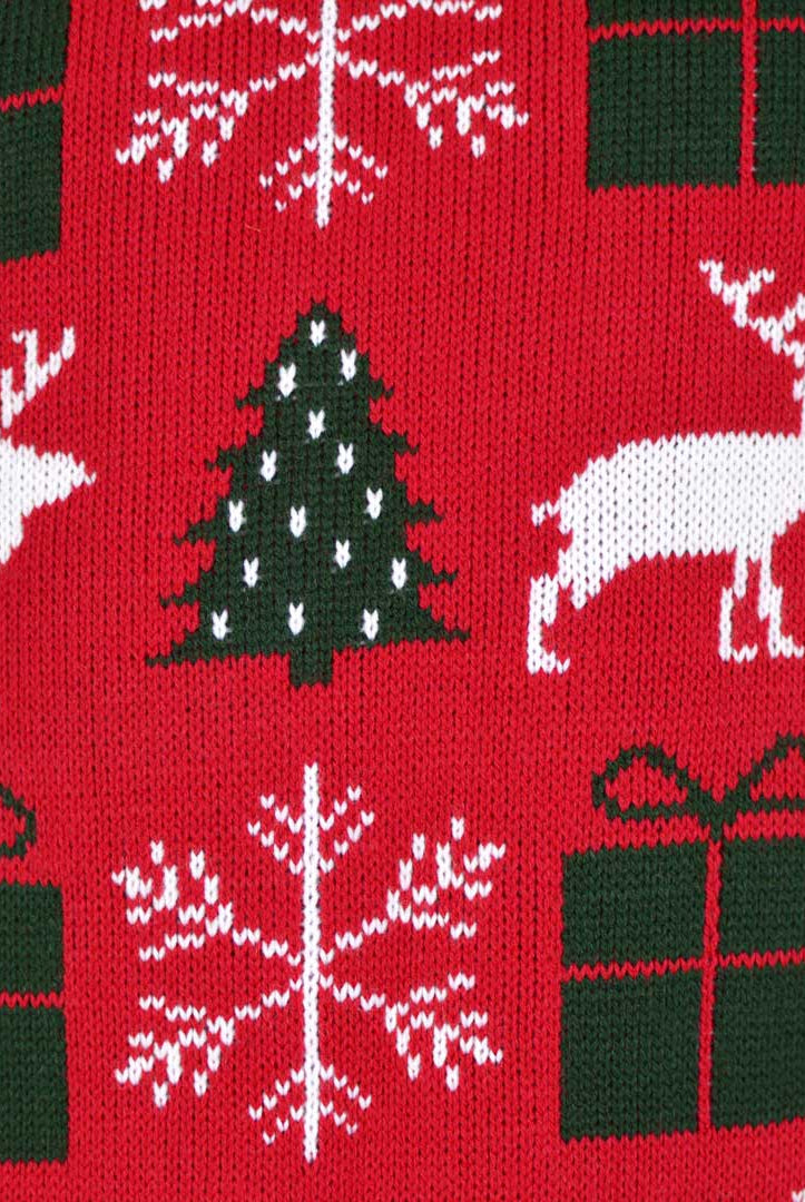 Camisola de Natal para Casal Vermelha com Renas, Presentes e Pinheiros detalhe