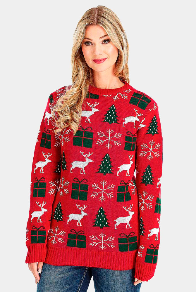 Camisola de Natal para Casal Vermelha com Renas, Presentes e Pinheiros mulher